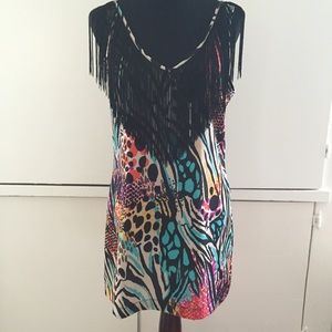 Animal print dress w fringe & exposed zipper