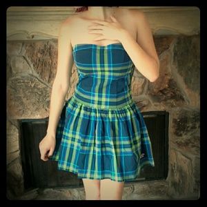 Hollister Blue and Green Plaid Strapless Dress