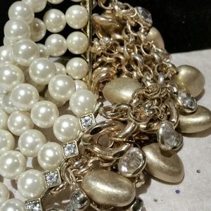 PEARLS, CHAINS, RHINESTONE, GOLDTONE  BRACELET