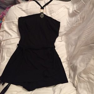 Black skort romper with braided belt