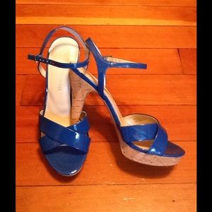 Blue patent leather heels with cork platform