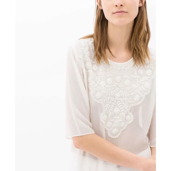 🆕 Zara white ecru embroidered chiffon tunic top