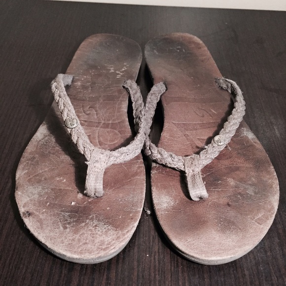 Distressed braided leather grey flip flops