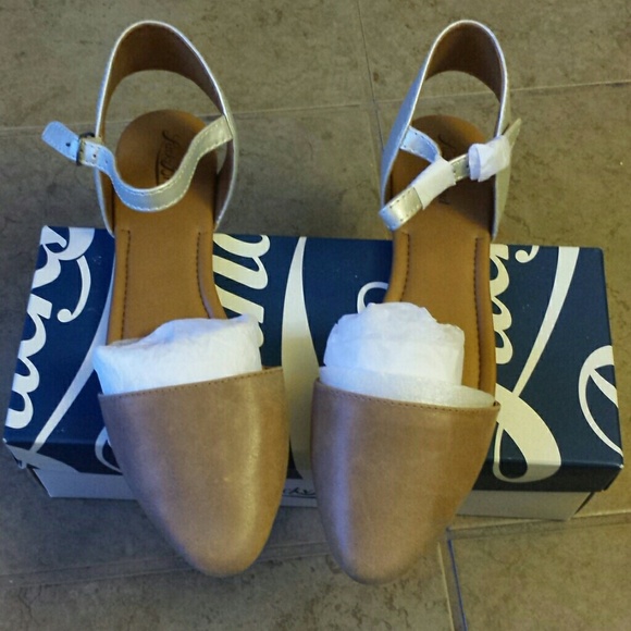 Pointy ankle strap flats color hazel & silver