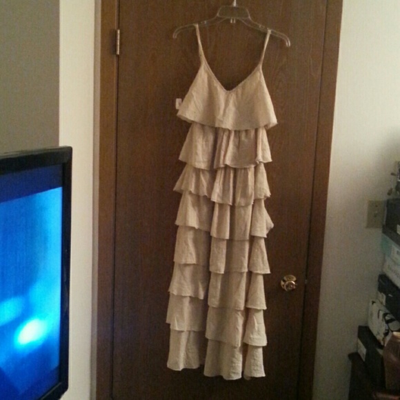 Beige Linen Tiered Spaghetti Strap Maxi Dress Sz L