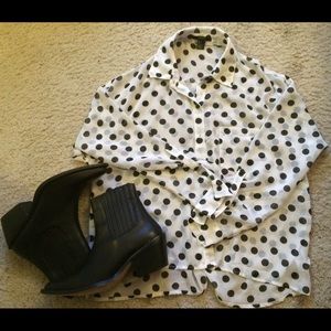 Sheer Black and White Polka Dot Button Up