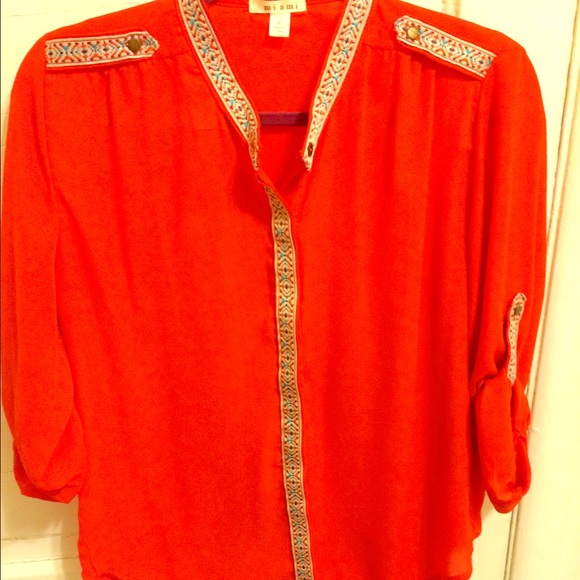 Orange button up with embroidered trim
