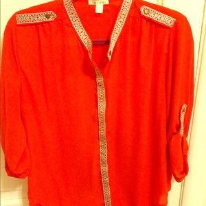 Orange button up with embroidered trim