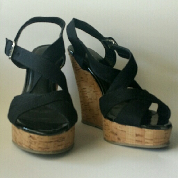 Aldo black strappy cork wedges