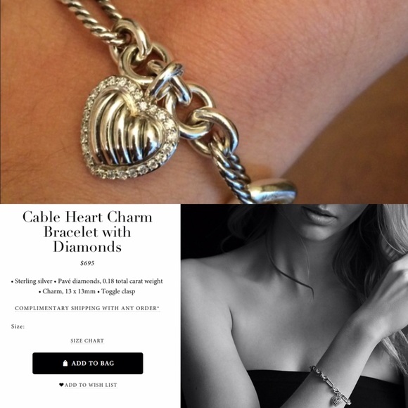 SOLD---DY DIAMOND Cable Heart Charm Bracelet - Picture 3 of 4