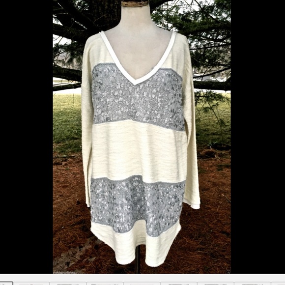 Free People ivory gray Sequin Stripe Tunic NWT M - Picture 2 of 4