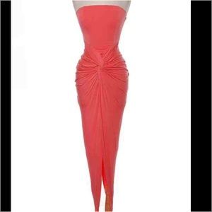 Solid Coral Knotted Midi Bodycon Dress Size S