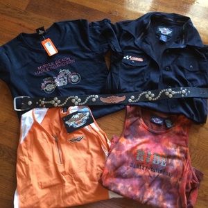 Lot of Harley Davidson tanks, shirts, belt
