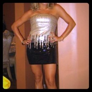 Gold and Black Sequins Mini Body Con Dress