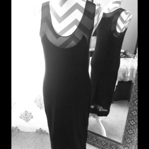 Ribbed pencil dress w/ mesh detail