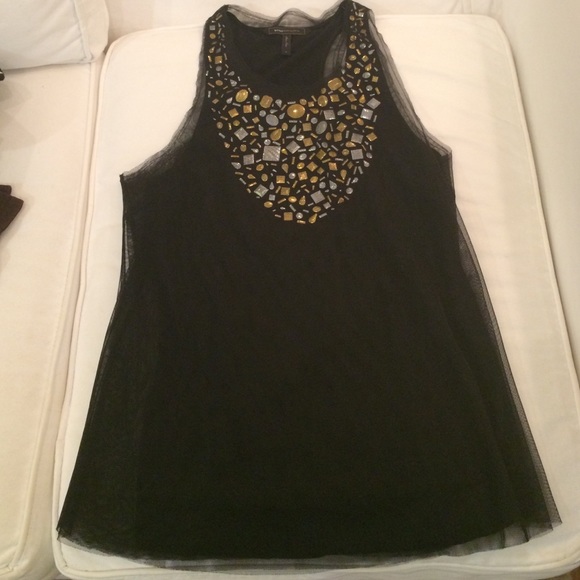 BCBG mesh top with gold and silver embellishing.