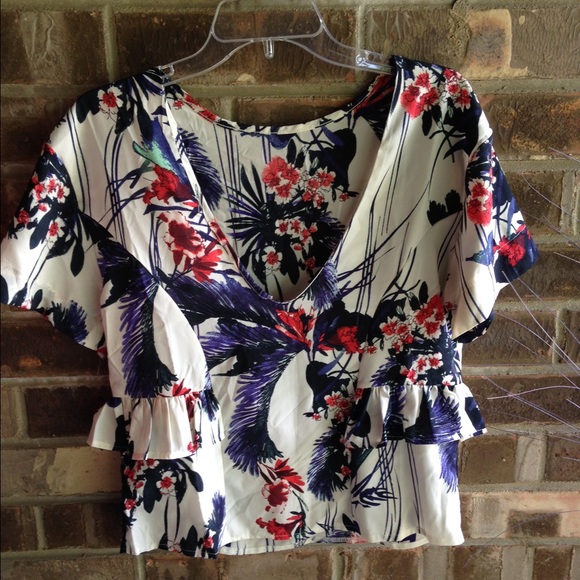 Tropical print V-Neck shirt blue/white