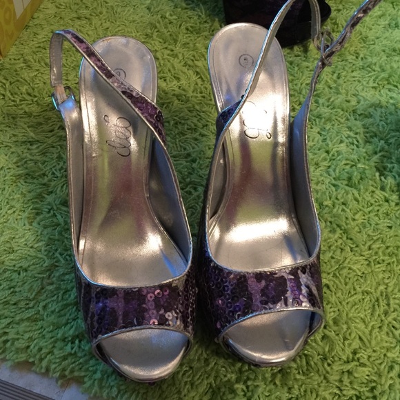 purple and silver printed heels