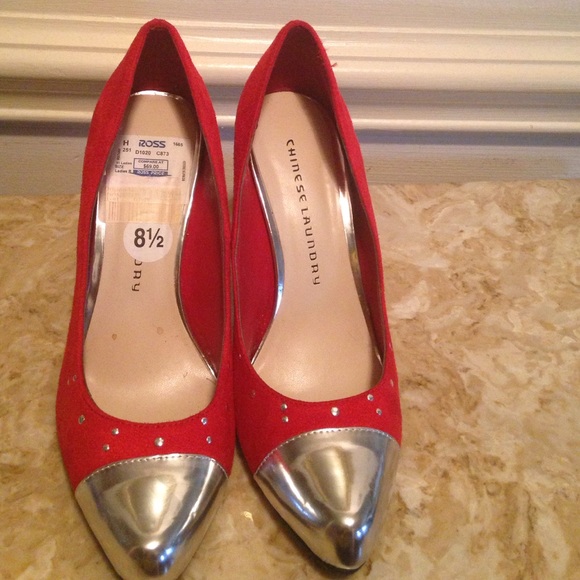 Red and silver pumps