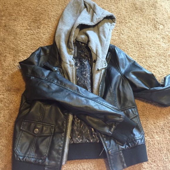 Leather, hooded jacket