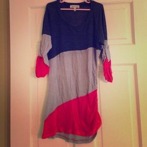 Blue, gray, & red short sleeved asymmetrical top