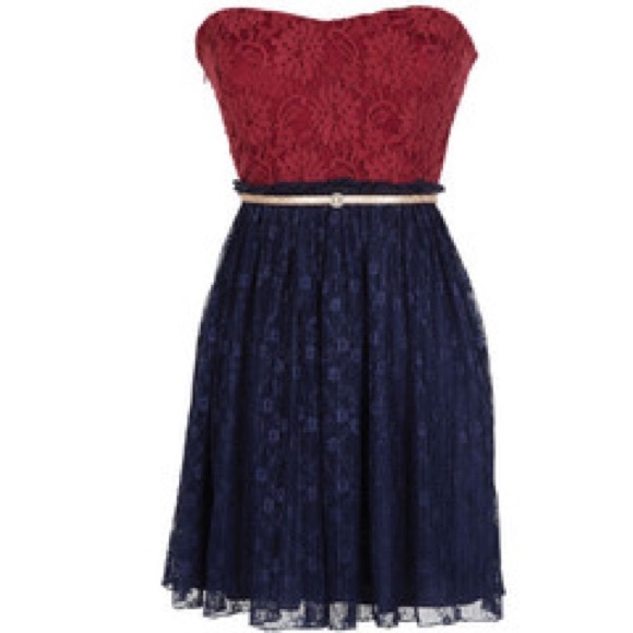 Strapless Dark Red And Blue Lace Dress Size XS - Picture 6 of 6