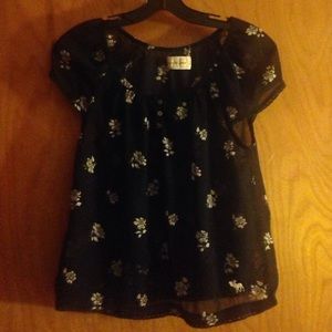Navy blue silky shirt with white flowers