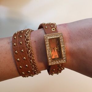 Cognac leather and gold wrap around watch