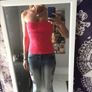 Strapless Pink Tube Top (Lace/Floral Pattern)