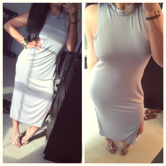 ❌SOLD❌Light gray high collar midi slit dress - Picture 2 of 3