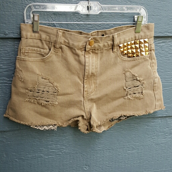 Destroyed High Waisted Studded Shorts
