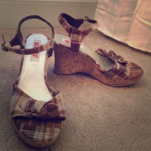Brown Plaid Cork Wedges