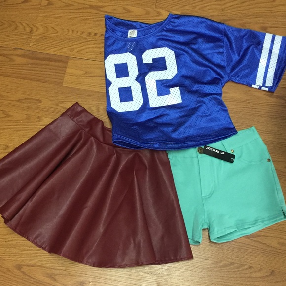 Leather red skirt shorts and jersey top