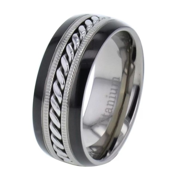 Black & silver chain titanium band ring