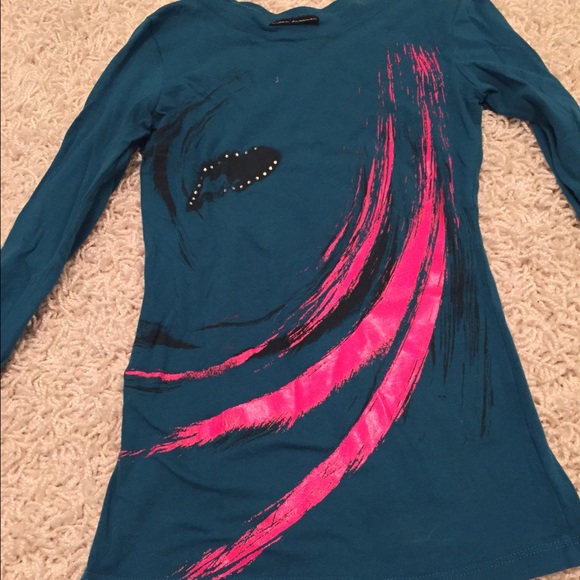 Rare Vintage Urban Behavior top XS. Teal , hot pink paint , crystal rhinestones - Picture 2 of 5