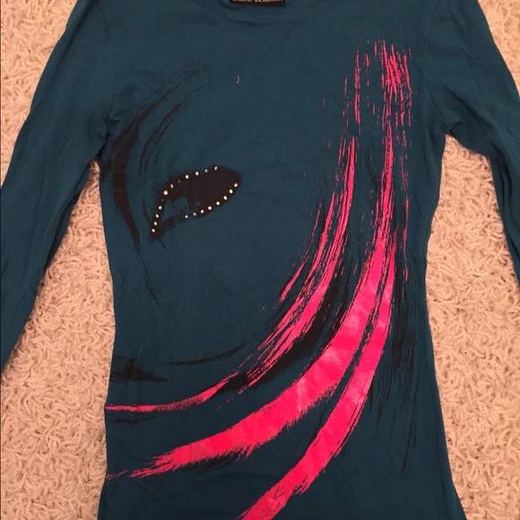 Rare Vintage Urban Behavior top XS. Teal , hot pink paint , crystal rhinestones - Picture 3 of 5