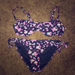 Black floral bralette bathing suit set