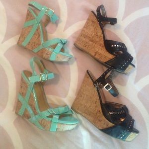 Two pairs of wedge shoes black and Aqua