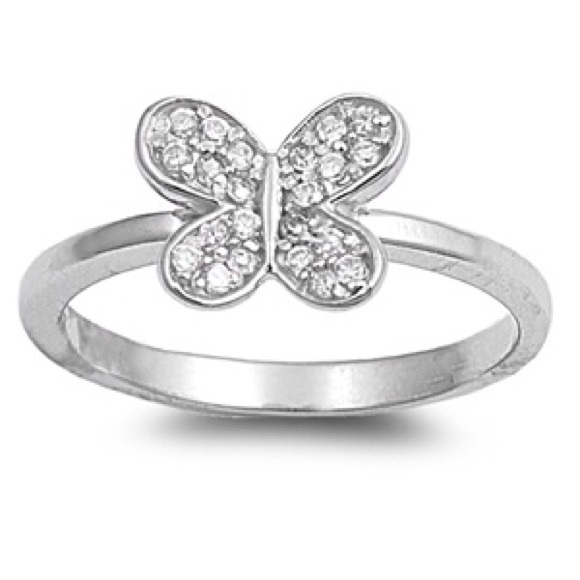 Rhodium Plated Sterling Silver Butterfly Ring w/CZ