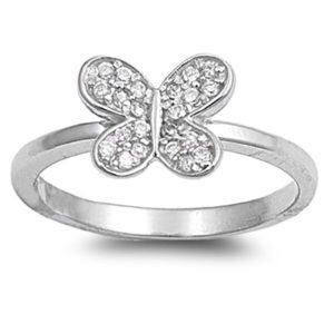 Rhodium Plated Sterling Silver Butterfly Ring w/CZ