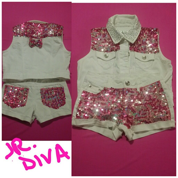 Sold!!A two piece white blue jean sequin outfit..