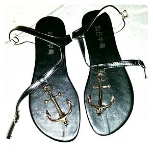 Black and gold anchor sandals flats new!
