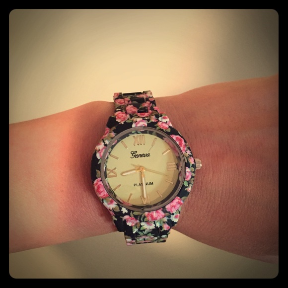 Black and pink floral watch