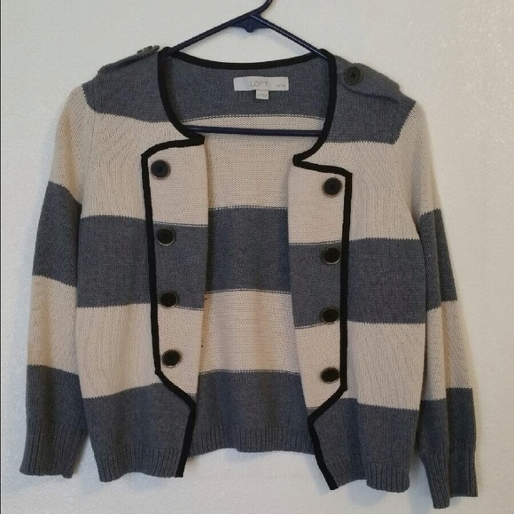 Ann Taylor LOFT petite gray and cream cardigan.