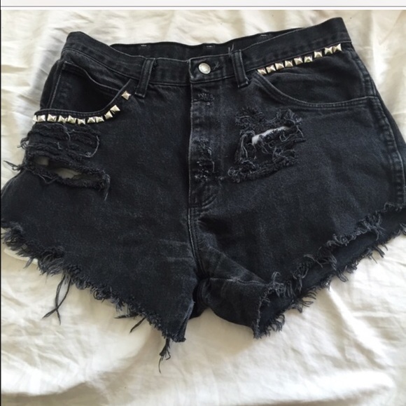 Distressed studded black high waisted shorts