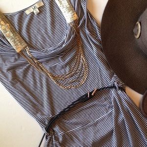 Black and White Striped Cowl Neck Dress