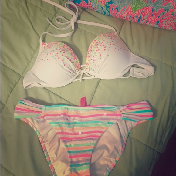 Victoria's Secret Other - VS Neon and white sequin bikini push up top