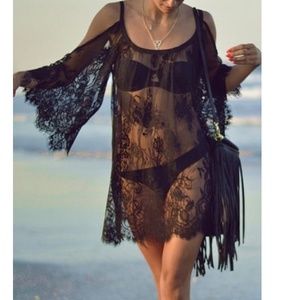 Embroidered scoop neck lace cover up