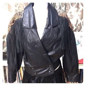 Black leather leopard fringe Moto jacket