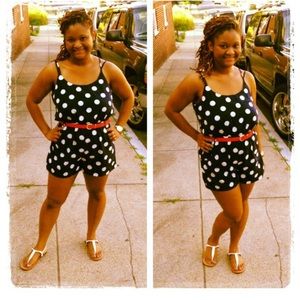 Blue and white polka dot romper